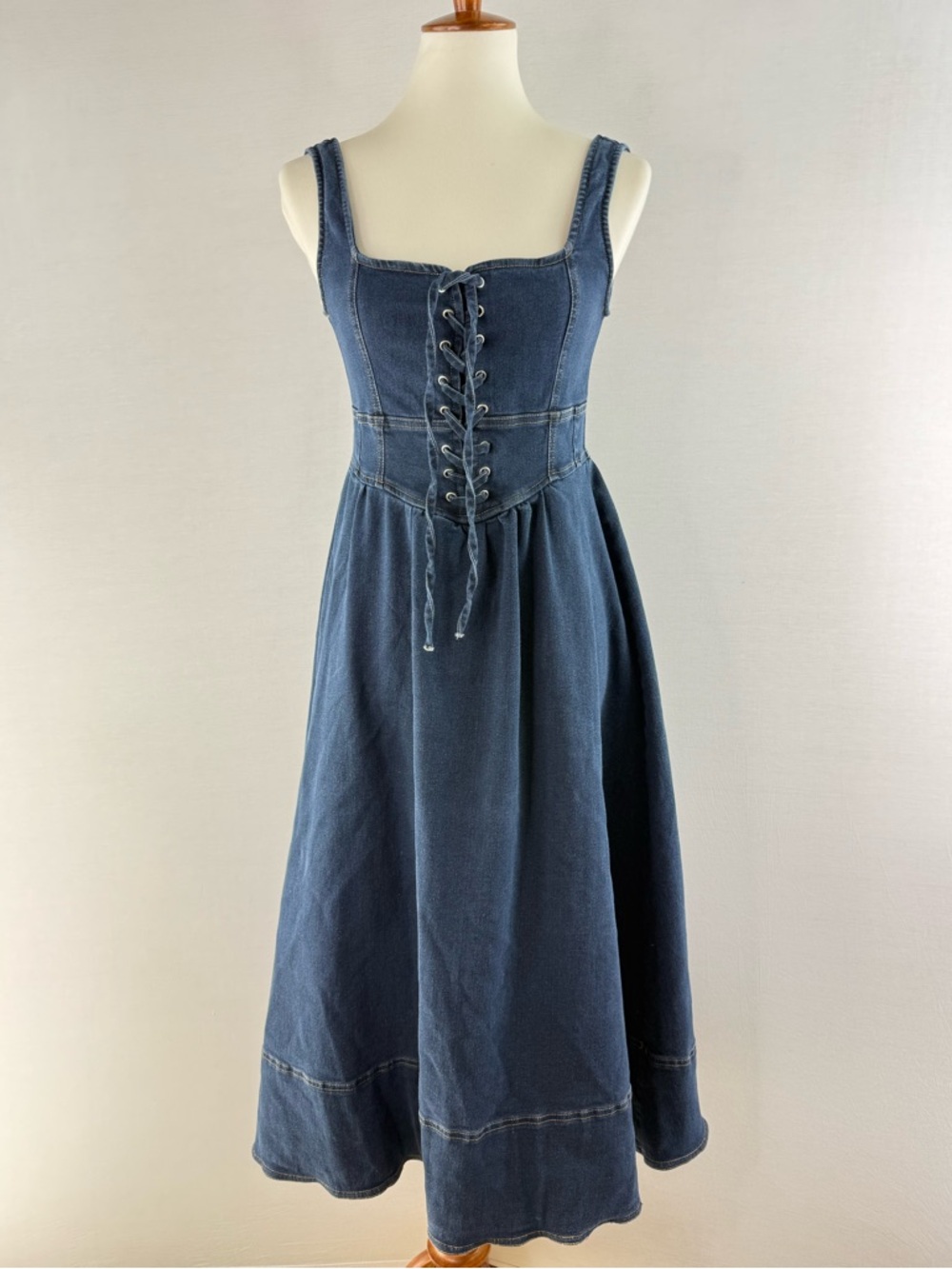 Moon River Blue Denim Lace-Up Corset Midi Dress